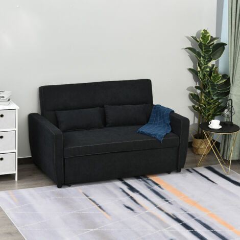 Divano trasformabile a 2 posti su ruote, nero, schienale regolabile, funzione letto, velluto, 155x90x88,5cm