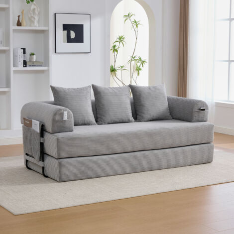 Divano trasformabile a 3 posti, divano dritto con 3 cuscini, mobile per soggiorno/camera da letto, struttura in metallo, tessuto a coste, grigio chiaro