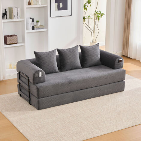 Divano trasformabile a 3 posti, divano dritto con 3 cuscini, mobile per soggiorno/camera da letto, struttura in metallo, tessuto a coste, grigio scuro