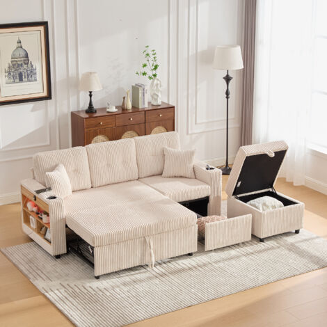 Divano trasformabile, divano dritto con spazio di archiviazione aperto e nascosto, porta USB-C, 2 portabicchieri, velluto a coste, beige