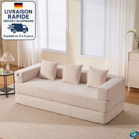 Divano trasformabile MODFU a 3 posti, divano dritto, 3 cuscini, combinazione modulare libera, tessuto ciniglia, 198×79×60cm, beige