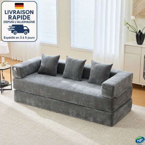 Divano trasformabile MODFU a 3 posti, divano dritto, 3 cuscini, combinazione modulare libera, tessuto ciniglia, 198×79×60cm, grigio scuro