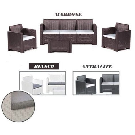 Divano tre sedute con Poltrone e Tavolino/Salotto/Salottino per Esterno/Arredo Giardino - Mod. Seattle Marrone/Brown - Bianco/White - Antracite