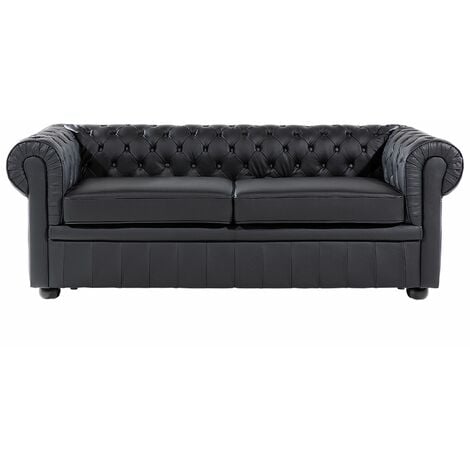 Divano vintage a 3 posti in pelle nera Chesterfield