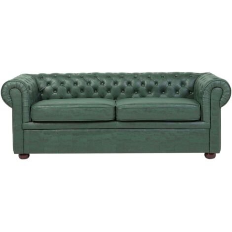 Divano vintage a 3 posti in tessuto similpelle verde Chesterfield