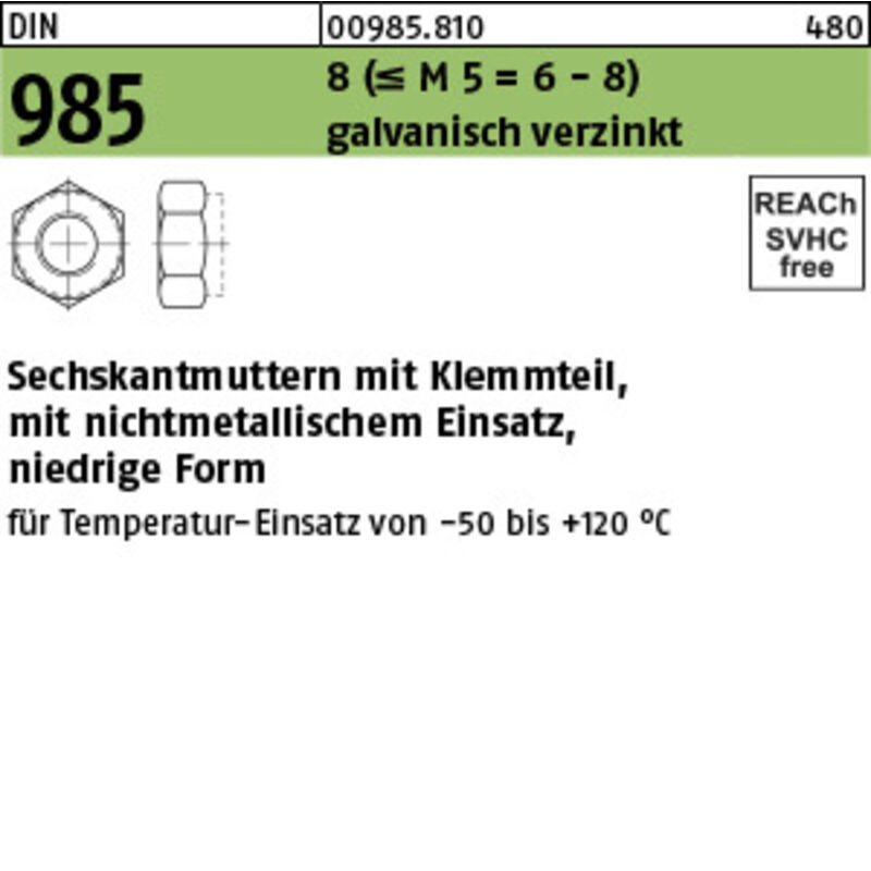 Selbstsichernde Sechskantmutter DIN 985 M 12 x 1,75 Stahl galvanisch verzinkt 250 Stk