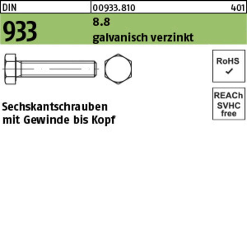 DIN 933 Sechskantschraube VG M12x40 Stahl 8.8 galvanisch verzinkt 100 Stk