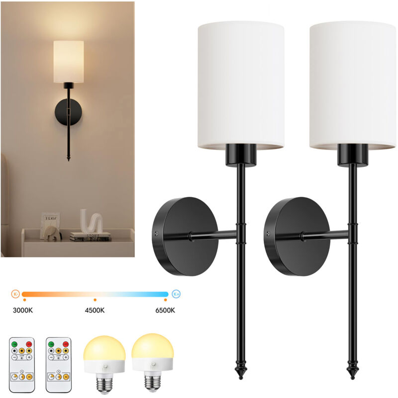 Paquet de 2 appliques murales modernes sans fil, appliques murales à piles avec abat-jour en tissu, à intensité variable, pour chambre à coucher, noir