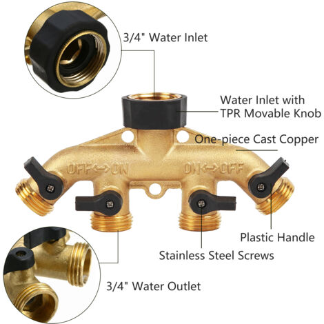 Diviseur de Jardin 4 Voies avec 2 Tuyaux Extensibles, 4 Rondelles et Diverter 3/4'' : Convertisseur Robinet, Connecteur Tuyau, Distributeur d'Eau avec 2 Commutateurs Individuels On-Off