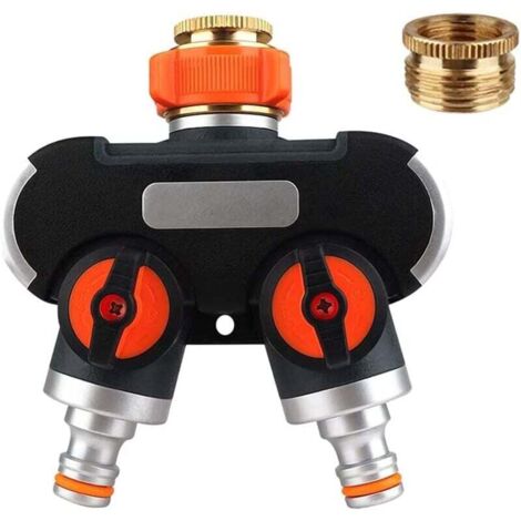 Divisor de 2 vías KZQ - Conector en Y de 3/4" y 1/2" con adaptador de grifo para riego de jardín, lavado, mascotas, flujo de agua ajustable y bloqueable