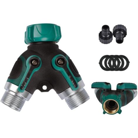 Divisor de grifo de 2 vías de 3/4", conector para manguera de jardín con válvulas de encendido y apagado individuales, adaptador de grifo con 2 conectores y 4 arandelas de goma
