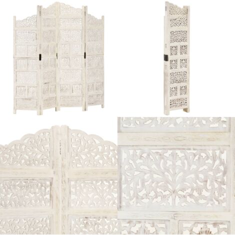 Divisorio 4 Pannelli Intagliato Bianco 160x165cm Mango Massello - Divisore per stanza - Divisore in legno