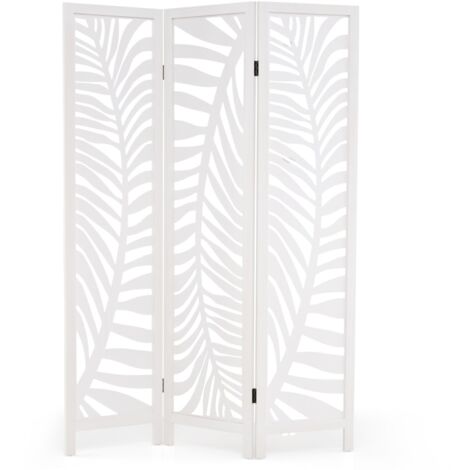 Divisorio per ambienti autoportante alto 170 cm con cornice in legno naturale, Paravento a 3 pannelli per casa Bianco