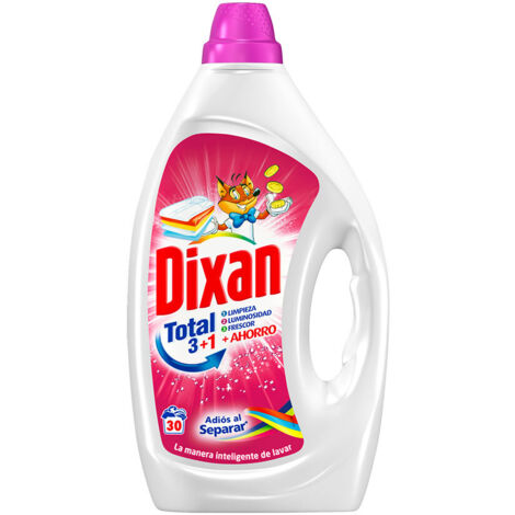 Dixan Goodbye Separating Gel Total 3+1, Lessive liquide 30 lavages, savon liquide pour le linge de couleur, propreté, luminosité et fraîcheur.