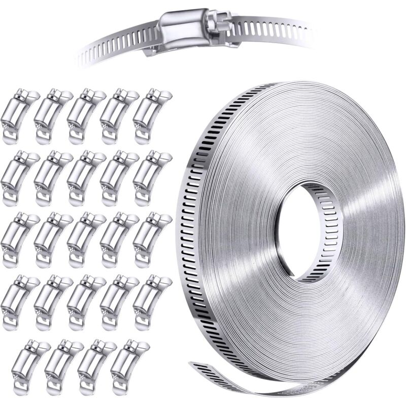 DIY 304 Stainless Steel Pipe Clamp Assortment Kit, Cut-to-Fit Metal Strap, Large Adjustable Worm Gear Pipe Clamps, 15M