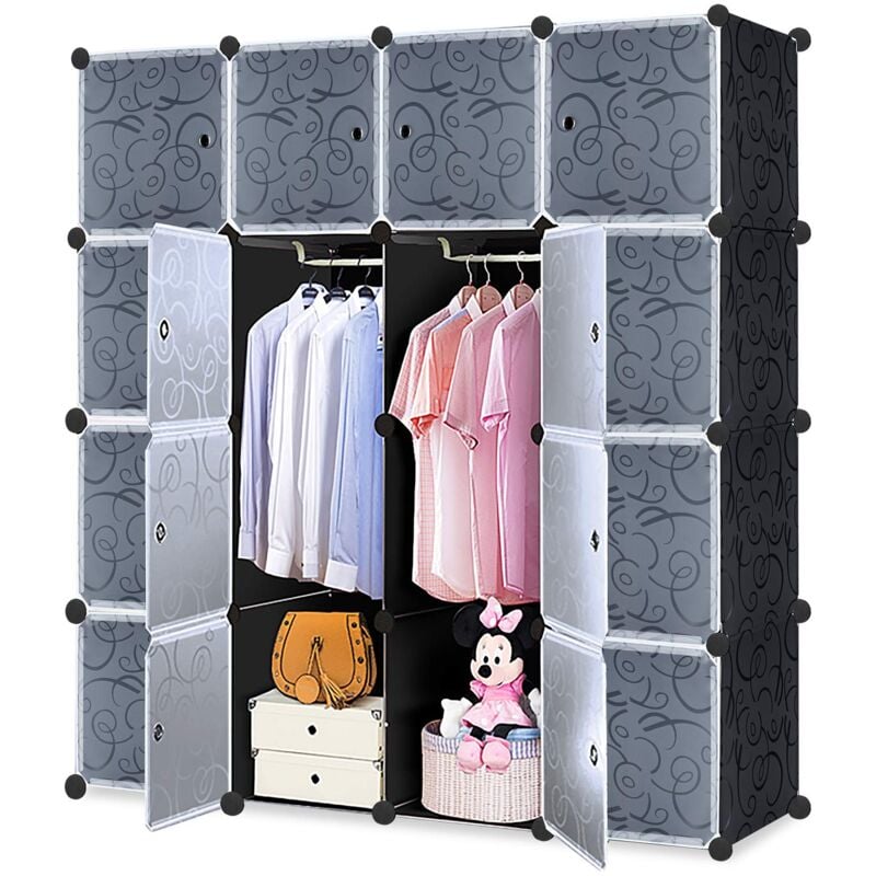 Naizy - diy Armoire Penderie à Monter Soi-Même en Plastique - Système d'étagères Enfichables avec Porte - 16 Cubes Noir
