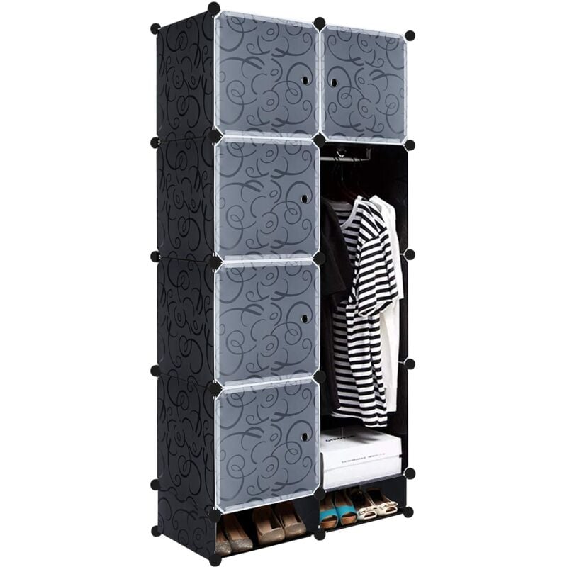 Naizy - diy Armoire Penderie à Monter Soi-Même en Plastique - Système d'étagères Enfichables avec Porte - 8 Cubes Noir