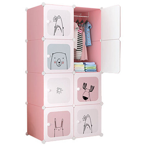 DIY Armoire Penderie pour Enfants,Étagère de Rangement en Plastique Meuble de Rangement Portable, 12 cubes, ROSE,111x47x147CM