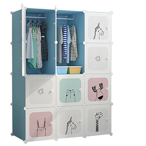 DIY Armoire Penderie pour Enfants,Étagère de Rangement en Plastique Meuble de Rangement Portable pour Vêtements Chaussures Jouets Accessoires, 12 cubes, bleu,111x47x147CM