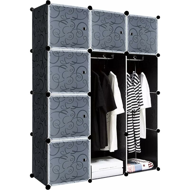 Naizy - diy Armoire Plastique à Monter Soi-Même Système d'étagères Enfichables avec Porte Penderie - 12 Cubes Noir