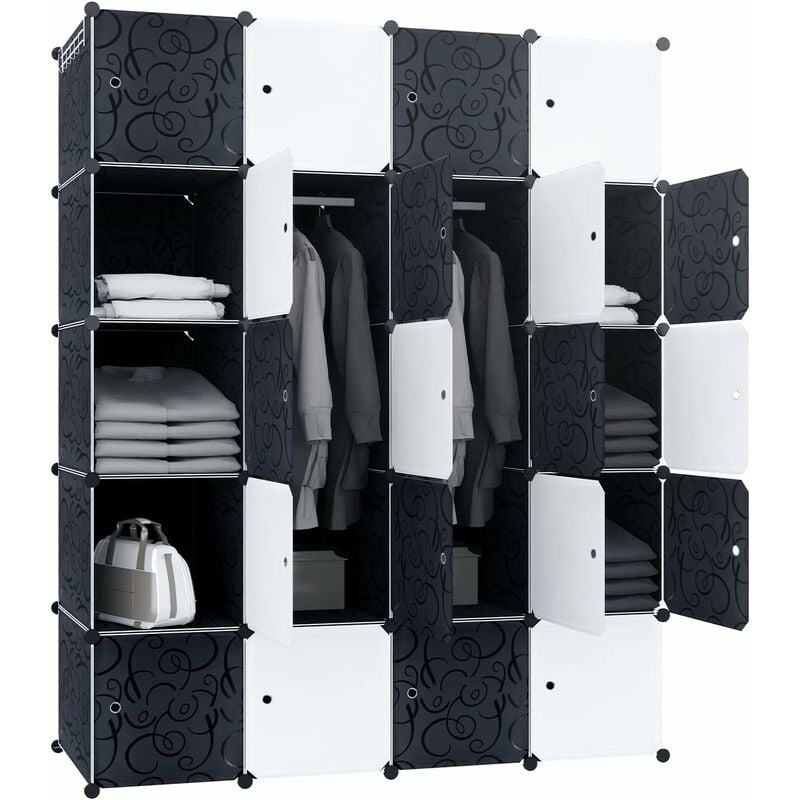 Naizy - diy Armoire Plastique à Monter Soi-Même Système d'étagères Enfichables avec Porte Penderie - 20 Cubes Noir Blanc