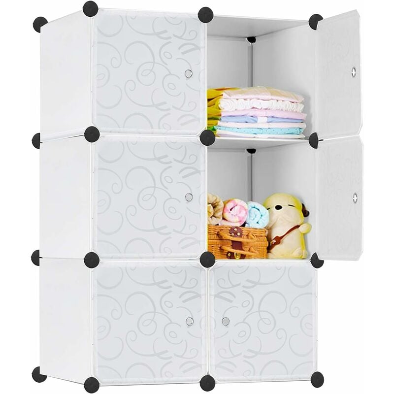 Naizy - diy Armoire Plastique à Monter Soi-Même Système d'étagères Enfichables avec Porte Penderie - 6 Cubes Blanc