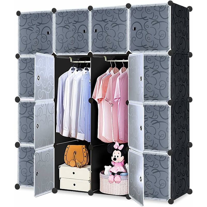 Naizy - diy Armoire Plastique à Monter Soi-Même Système d'étagères Enfichables avec Porte Penderie - 16 Cubes Noir