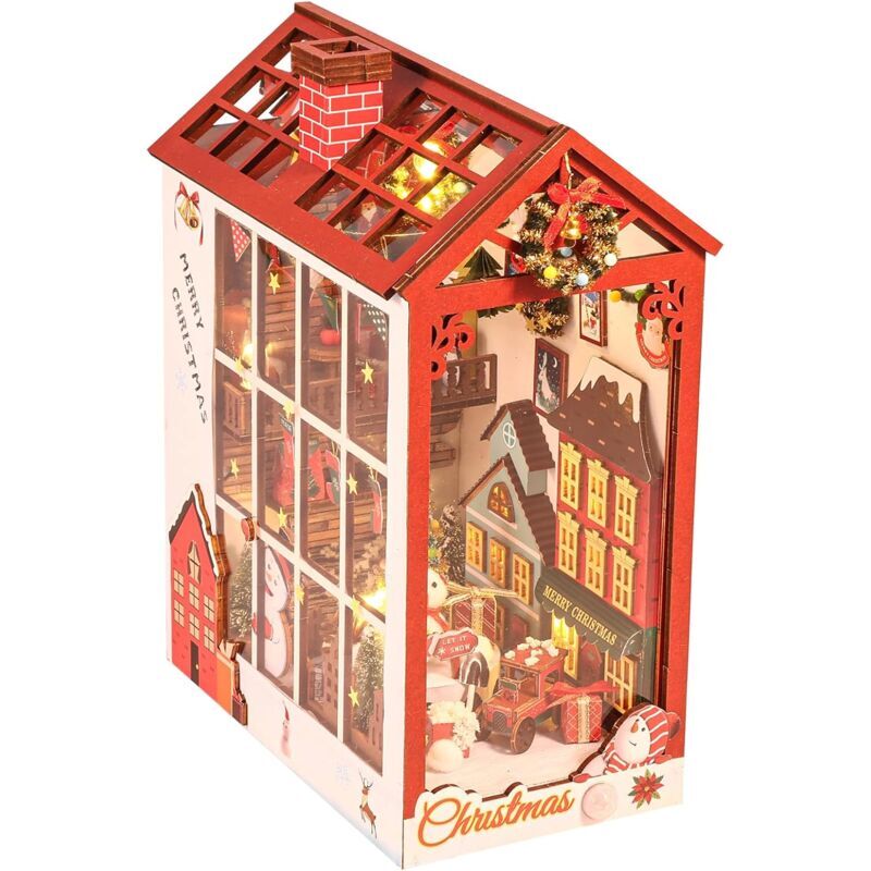 SNQ - diy Book Nook Kit Noël Puzzle 3D Bois Kit Serre Livre avec Musique et Capteur de Lumière Kit de Maison de Poupées Miniatures pour Adultes et