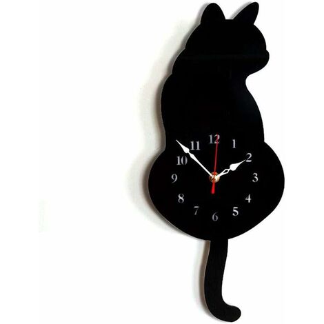 DIY Horloge Murale Acrylique Moderne Mignon Horloge Chat Secouant Queue Décoration Maison Mouvement Silence (Noir)