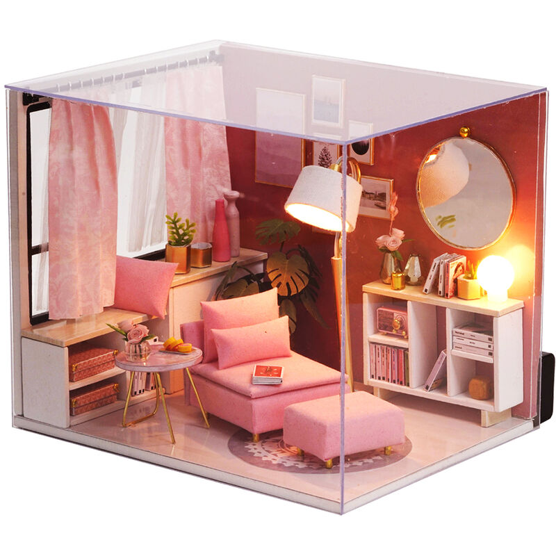 

DIY Kit de casa de munecas en miniatura Realista Mini 3D Casa de madera rosada Habitacion de juguete con muebles Luces LED Regalo de cumpleanos del