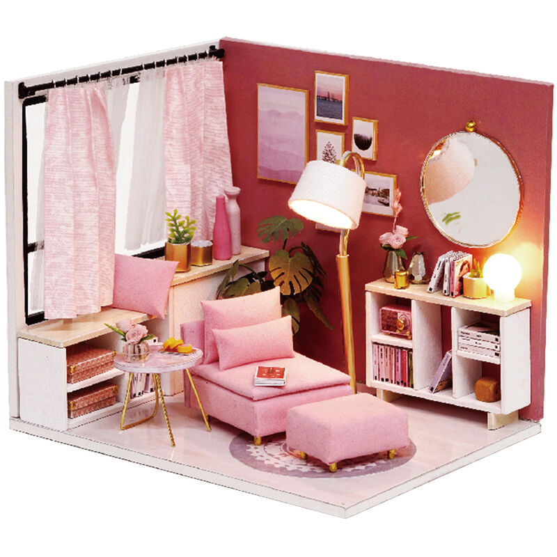 

DIY Kit de casa de munecas en miniatura Realista Mini 3D Rosa Casa de madera Juguete de habitacion con muebles Luces LED Regalo de cumpleanos del dia