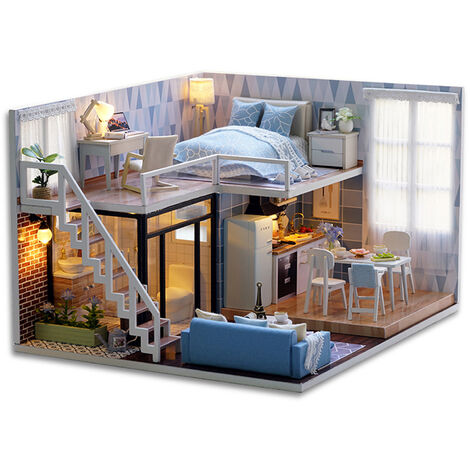 DIY Miniatur Loft Dollhouse Kit Lebensechtes Mini 3D Holzhaus Zimmer Handgemachtes Spielzeug mit Möbeln LED-Leuchten Valentinstag Weihnachten Geburtstagsgeschenk