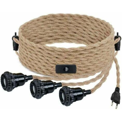 DIY Pendelleuchte mit Hanfseil, Textilkabel, 3×E27 Hängelampe mit Schalter und Stecker, Retrolampe 9 Meter Kabel, Lampe für Esstisch, Café, Wohnzimmer, Schlafzimmer [Klasse