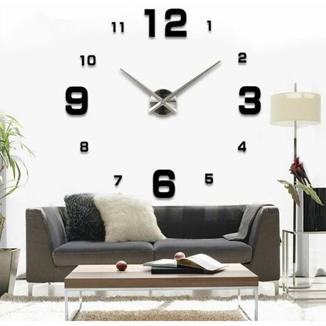 DIY Wall Clock, DIY Modern Mute Large Wall Clock Sticker 3D Home Office Decor Gift （Size 90CM-1.8M Self-adjusting Size） (Black)