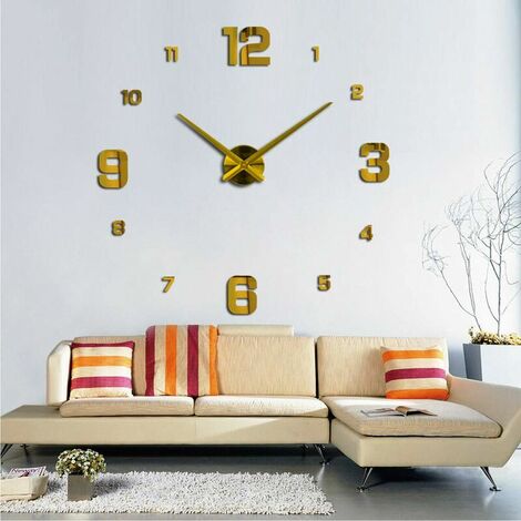 DIY Wall Clock, DIY Modern Mute Large Wall Clock Sticker 3D Home Office Decor Gift （Size 90CM-1.8M Self-adjusting Size） (Gold)