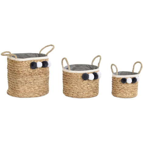 DKD Home Decor Set de panier Naturel coton pompons