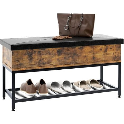 DlandHome Banc de rangement à chaussures industriel pour entrée, banc à chaussures, tabouret de bout de lit avec siège rembourré et étagère en métal pour entrée, chambre, couloir
