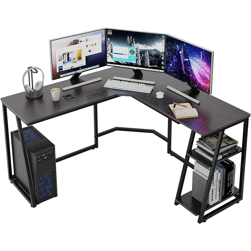 DlandHome Bureau d’Angle avec Étagère de Rangement Bureau Ordinateur Grand Bureau Informatique en L Table Postes de Travail informatiques