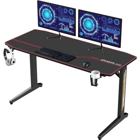 DlandHome Bureau Gaming 140cm Bureau Gamer Bureau Ordinateur Bureau de Jeu d'Ordinateur en Forme de T Table de Jeu avec Tapis de Souris, Support de Tasse et Crochet pour Casque Noir