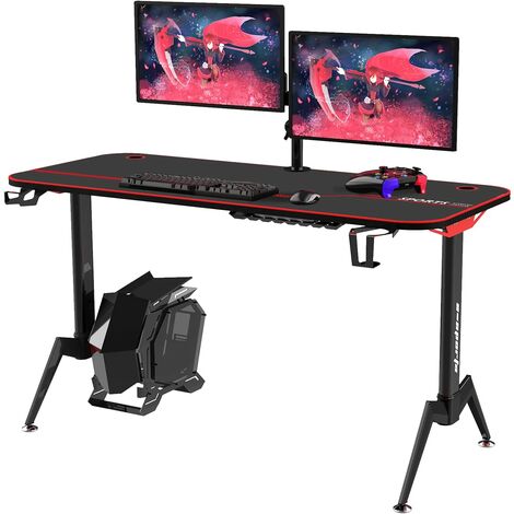 DlandHome Bureau Gaming Bureau Gamer avec Tapis de Souris Intégré, Bureau de Gaming Station bureau informatique gaming avec Porte-gobelet & Crochet pour Casque, Style de Mode，140 * 65 * 75 CM，Noir YT-SF-1-D