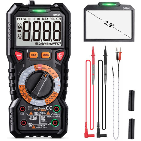 TACKLIFE DM01 Digitales Multimeter TRMS 6000 Counts, LED Intelligent Indicator Jack, Manul Ranging Measuring AC/DC Voltage, AC/DC Current, Resistance, Capacitance, Frequency/Duty, Diode, Continuity Test, NCV+L