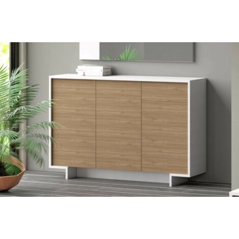 Dmora - Aparador Aneto, Aparador de salón, Buffet de salón con 3 puertas y 1 cajón, 100% Made in Italy, 134x35h87 cm, Blanco y Roble