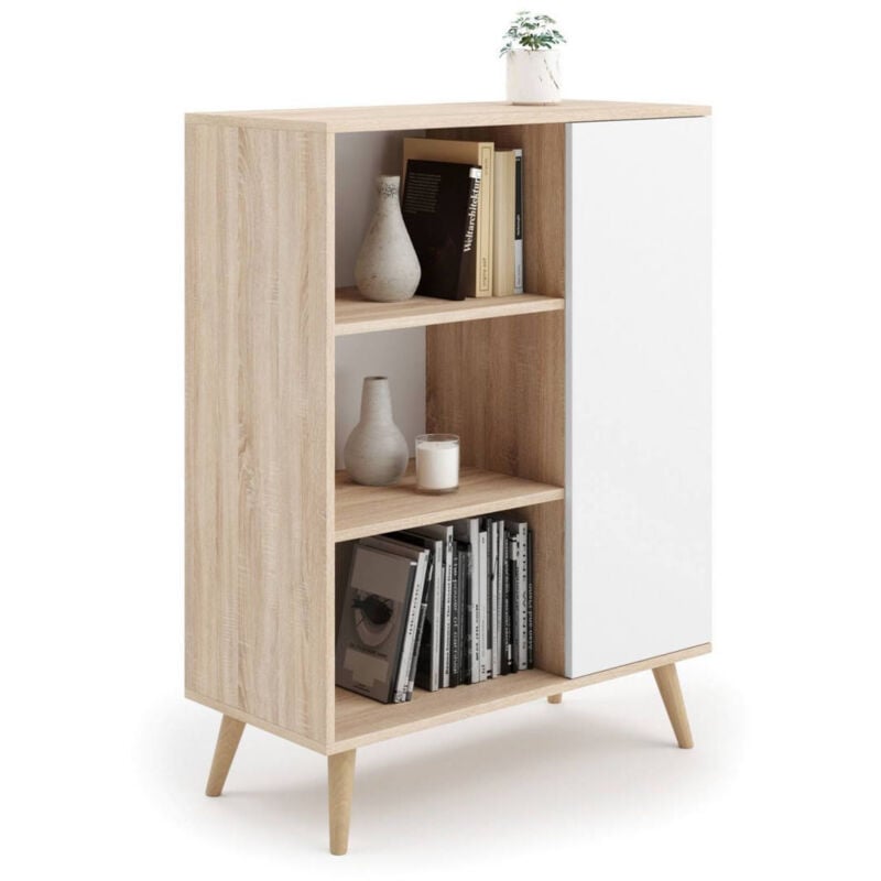 

Aparador con 1 puerta y 2 estantes, Buffet con pies, Aparador de salón en estilo escandinavo, Librería con estantes, 40x90h116 cm, Color blanco y