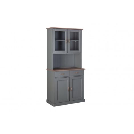 Dmora Aparador con 2 puertas cerradas, 2 vitrinas y 2 cajones, en pino macizo pintado gris con tapa y acabados marrones, 90x45x191 cm, con embalaje reforzado