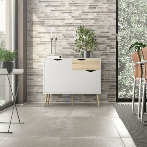 Dmora Aparador con dos puertas y un cajón, blanco y roble, Medidas 98 x 81 x 39 cm, con embalaje reforzado