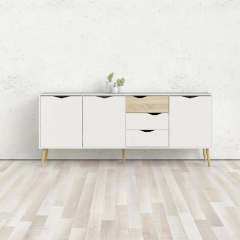 Dmora Aparador con tres puertas y tres cajones, blanco y roble, Medidas 195 x 81 x 39 cm, con embalaje reforzado