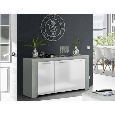 Dmora - Aparador Dalbier, Aparador moderno con 3 puertas, Bufet de salón, gabinete de TV, Aparador para salón, 144x42h80 cm, Hormigón y Blanco
