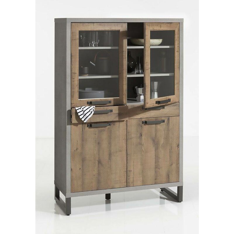 

Aparador de cocina con 2 puertas de vidrio, vitrina de estilo industrial, aparador Made in Italy, 110x45xh170 cm, color roble y cemento - Dmora