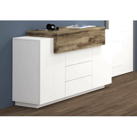 Dmora - Aparador Dismajl, Aparador de cocina con 3 puertas y 3 cajones, Buffet de salón, 100% Made in Italy, cm 160x45h86, Blanco brillo y Arce