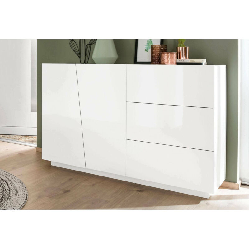 

Aparador Modern con 2 puertas y 3 cajones, Made in Italy, Aparador de cocina, Buffet de diseño de sala de estar, 141x43h86 cm, color blanco brillante